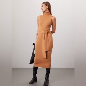 Chic Tan Midi Dress with Tie Waist